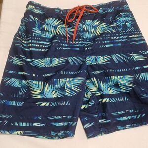 Laguna Mens Tropical Palm Print Swim Trunks Navy Blue Teal Orange Large L81134